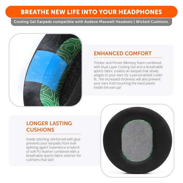 Alt view image 4 of 7 - Freeze Maxwell Gen 1 - Cooling Gel Earpads for Audeze Maxwell 1 Made by Wicked Cushions Elevate Comfort, Durability, Thickness & Sound Isolation for Gaming Emerald Tide