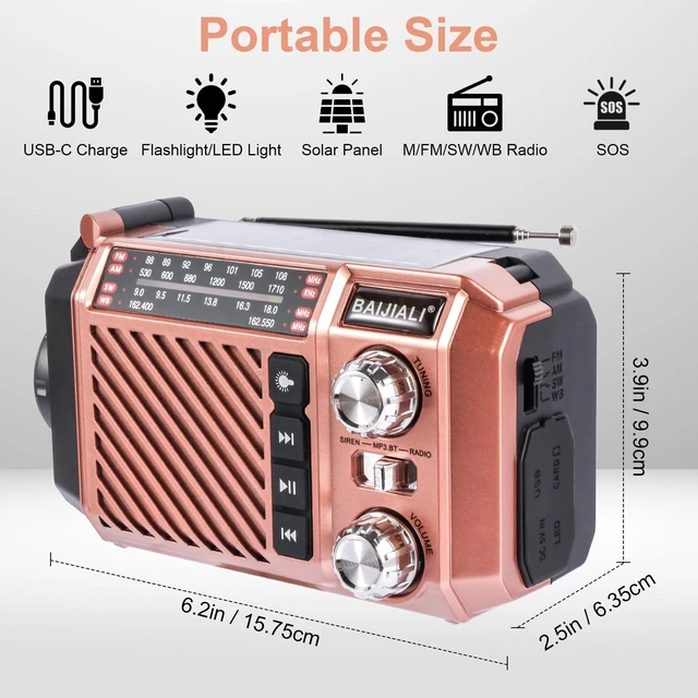 Alt view image 2 of 7 - Hand Crank Emergency Weather Radio with 2600mAh/9620mWh Power Bank, NOAA AM FM Shortwave Portable Radio, Solar & USB-C Charging, Flashlight, SOS Alarm for Emergency Kits (Brown)