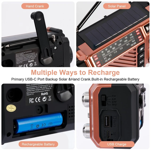 Alt view image 4 of 7 - Hand Crank Emergency Weather Radio with 2600mAh/9620mWh Power Bank, NOAA AM FM Shortwave Portable Radio, Solar & USB-C Charging, Flashlight, SOS Alarm for Emergency Kits (Brown)
