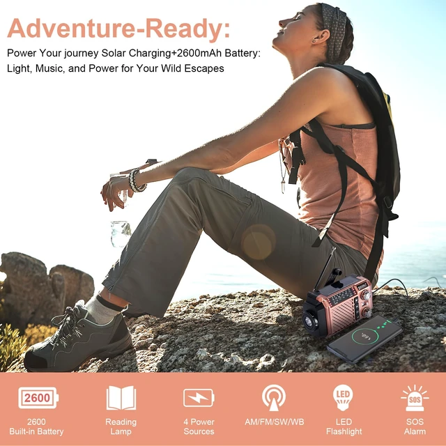 Alt view image 7 of 7 - Hand Crank Emergency Weather Radio with 2600mAh/9620mWh Power Bank, NOAA AM FM Shortwave Portable Radio, Solar & USB-C Charging, Flashlight, SOS Alarm for Emergency Kits (Brown)