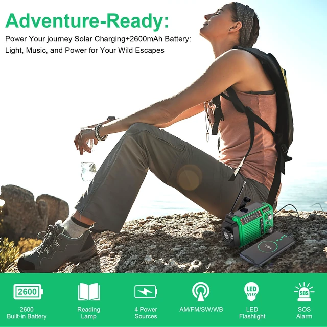 Alt view image 7 of 7 - Hand Crank Emergency Weather Radio with 2600mAh/9620mWh Power Bank, NOAA AM FM Shortwave Portable Radio, Solar & USB-C Charging, Flashlight, SOS Alarm for Emergency Kits (Green)