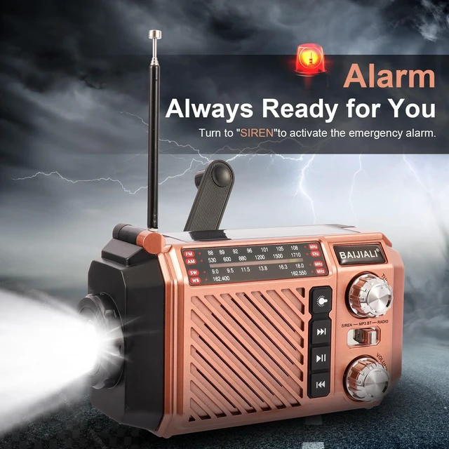 Alt view image 6 of 7 - Hand Crank Emergency Weather Radio with 2600mAh/9620mWh Power Bank, NOAA AM FM Shortwave Portable Radio, Solar & USB-C Charging, Flashlight, SOS Alarm for Emergency Kits (Brown)