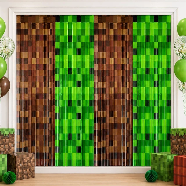 Main image of 4 Pack Pixel Miner Theme Foil Fringe Curtains Video Game Birthday Decorations for Boys, Green Brown Tinsel Door Streamers for Gaming Party Photo Booth Backdrop Supplies