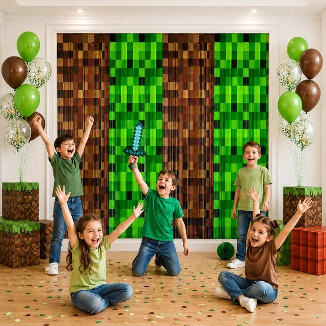 Alt view image 2 of 5 - 4 Pack Pixel Miner Theme Foil Fringe Curtains Video Game Birthday Decorations for Boys, Green Brown Tinsel Door Streamers for Gaming Party Photo Booth Backdrop Supplies