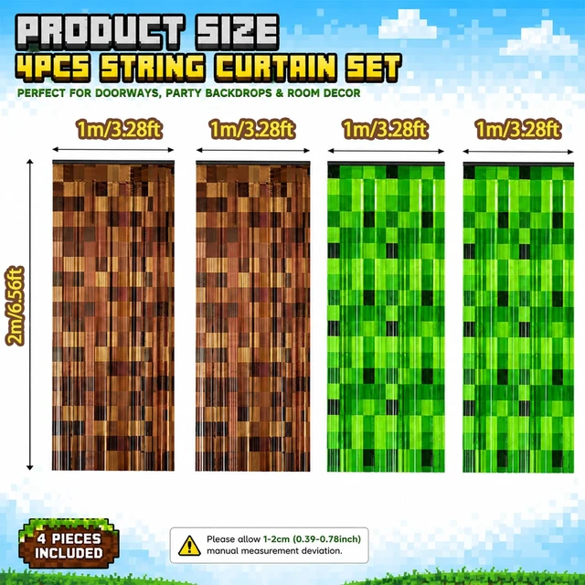 Alt view image 3 of 5 - 4 Pack Pixel Miner Theme Foil Fringe Curtains Video Game Birthday Decorations for Boys, Green Brown Tinsel Door Streamers for Gaming Party Photo Booth Backdrop Supplies