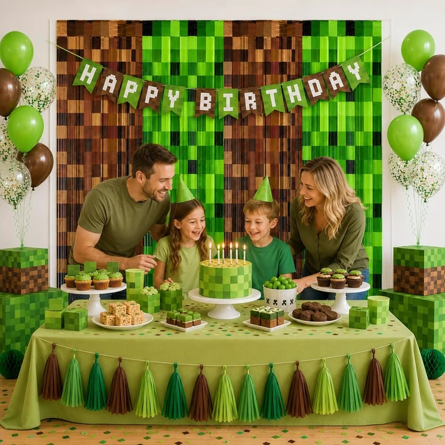 Alt view image 4 of 5 - 4 Pack Pixel Miner Theme Foil Fringe Curtains Video Game Birthday Decorations for Boys, Green Brown Tinsel Door Streamers for Gaming Party Photo Booth Backdrop Supplies