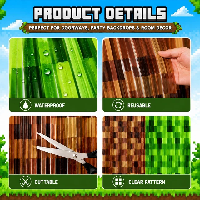 Alt view image 5 of 5 - 4 Pack Pixel Miner Theme Foil Fringe Curtains Video Game Birthday Decorations for Boys, Green Brown Tinsel Door Streamers for Gaming Party Photo Booth Backdrop Supplies