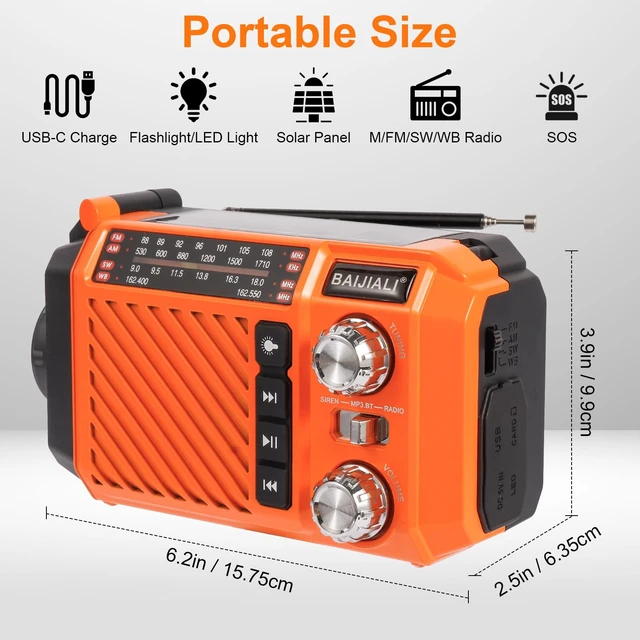 Alt view image 2 of 7 - Hand Crank Emergency Weather Radio 2600mAh/9620mWh NOAA AM FM Shortwave Portable Radio, Solar & USB-C Charging, Flashlight, SOS Alarm for Emergency Kits (Orange)