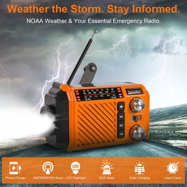 Alt view image 3 of 7 - Hand Crank Emergency Weather Radio 2600mAh/9620mWh NOAA AM FM Shortwave Portable Radio, Solar & USB-C Charging, Flashlight, SOS Alarm for Emergency Kits (Orange)