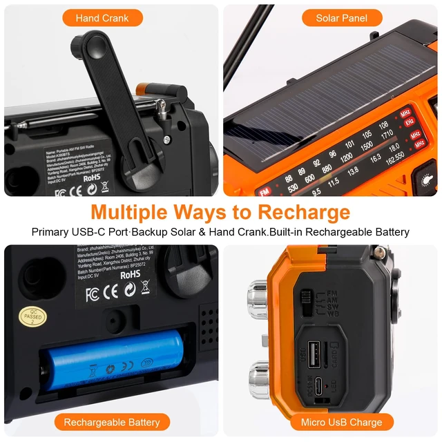 Alt view image 4 of 7 - Hand Crank Emergency Weather Radio 2600mAh/9620mWh NOAA AM FM Shortwave Portable Radio, Solar & USB-C Charging, Flashlight, SOS Alarm for Emergency Kits (Orange)