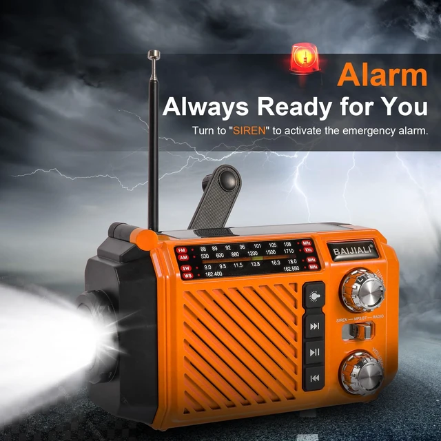 Alt view image 6 of 7 - Hand Crank Emergency Weather Radio 2600mAh/9620mWh NOAA AM FM Shortwave Portable Radio, Solar & USB-C Charging, Flashlight, SOS Alarm for Emergency Kits (Orange)