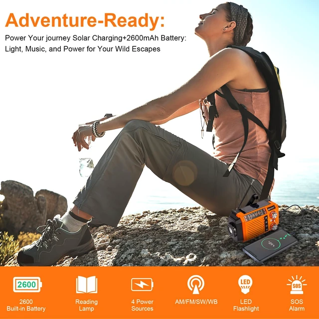 Alt view image 7 of 7 - Hand Crank Emergency Weather Radio 2600mAh/9620mWh NOAA AM FM Shortwave Portable Radio, Solar & USB-C Charging, Flashlight, SOS Alarm for Emergency Kits (Orange)