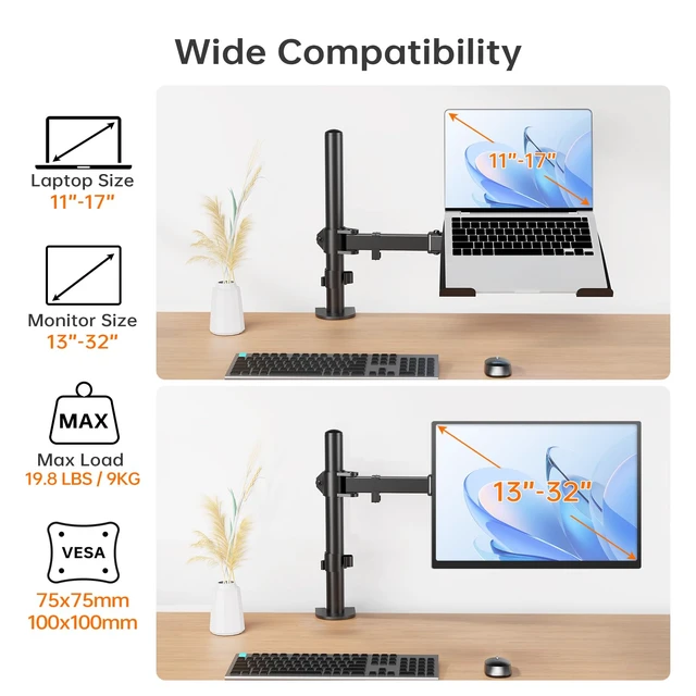 Alt view image 2 of 7 - 2-in-1 Monitor & Laptop Stand for 13-32" Monitor or 11-17" Laptop Removable laptop tray converts to a monitor mount with full-motion adjustment, up to 18 lb capacity for monitor or laptop use
