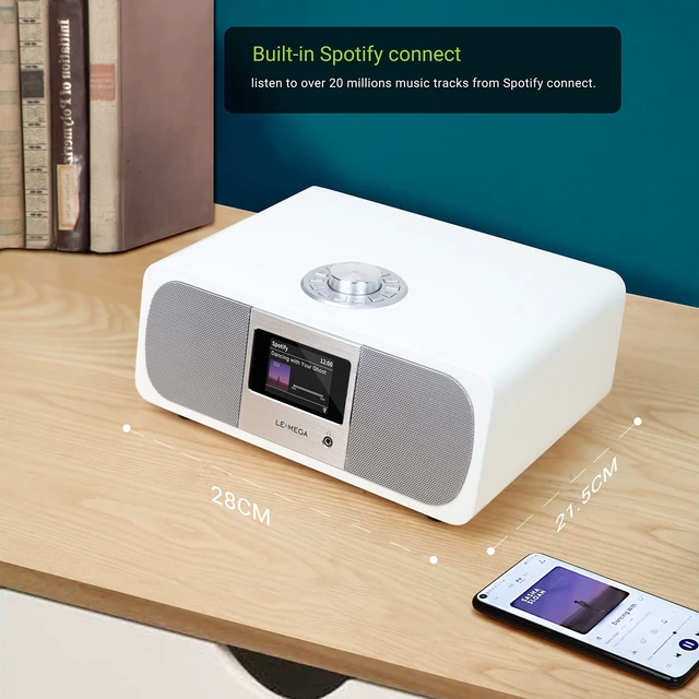 Alt view image 2 of 5 - M3P 2.1 Music System with Internet Radio,FM Radio, Spotify Connect, Bluetooth Speaker,Wooden Box,40 Presets,Dual Alarms Clock,Remote and App Control - Satin White