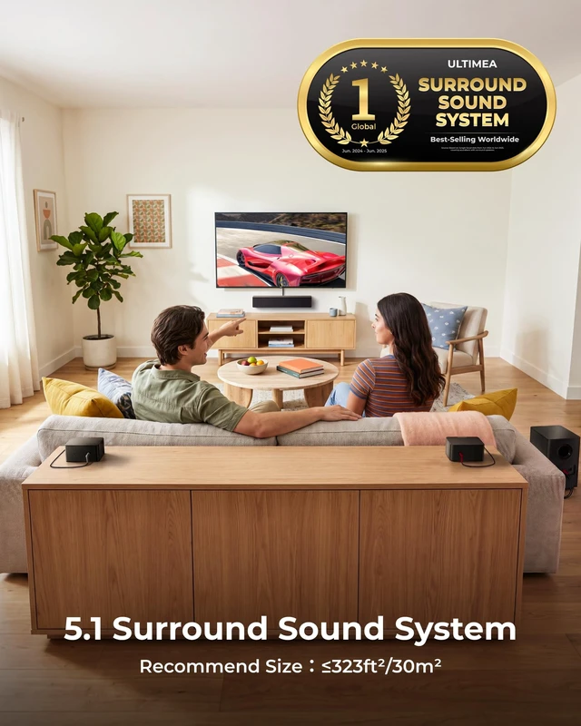 Alt view image 2 of 7 - 5.1 TV Sound Bar with Subwoofer, Virtual Surround Sound System Poseidon D50 Pro Sound Bar for Smart TV, 320W Peak Power, Adjustable Rear Speakers & Subwoofer, APP Control (2026 New Model)