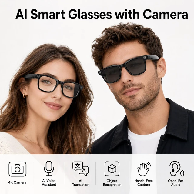 Alt view image 3 of 7 - AI Smart Glasses with Camera,Bluetooth Sunglasses with AI Assistant Photo Capture &4k Video Recording Glasses,Real-Time Translation, Open-Ear Audio, Object Recognition