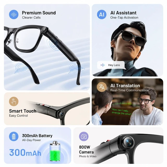 Alt view image 7 of 7 - AI Smart Glasses with Camera,Bluetooth Sunglasses with AI Assistant Photo Capture &4k Video Recording Glasses,Real-Time Translation, Open-Ear Audio, Object Recognition