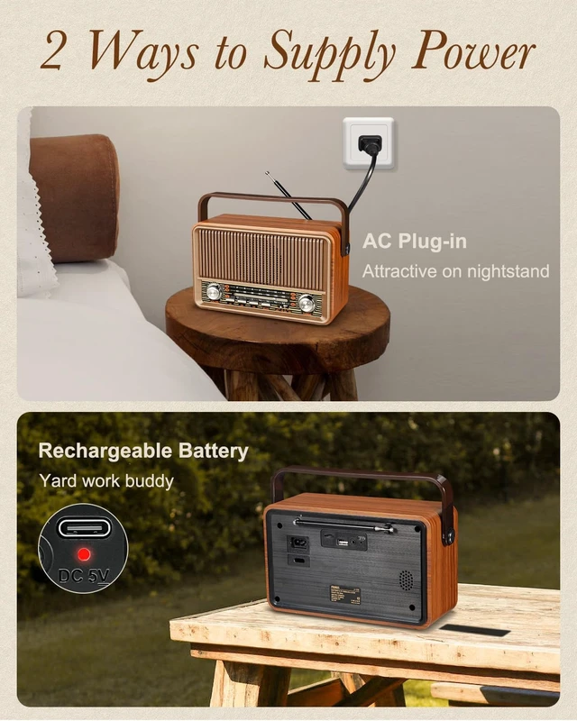 Alt view image 2 of 6 - J-120 Radio Portable AM FM, Gifts for Mom Father, Plug in Wall Rechargeable Battery Powered Transistor Radio,Retro Vintage Bluetooth Speaker for Home Outdoor Emergency,Gift for Father