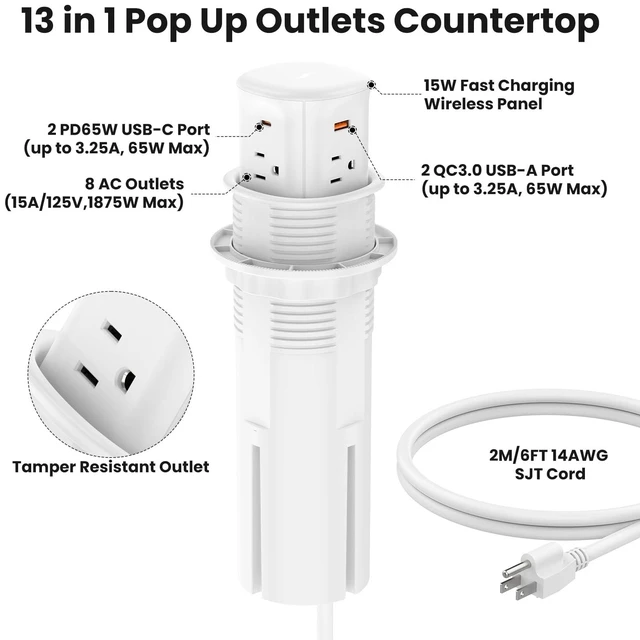 Alt view image 7 of 7 - Pop Up Countertop Outlet with 15W Wireless Charger,4 USB/8 AC 6FT Cord,Fits 3.15" Hole,30W USB,65W Outlet,Pop up Outlet for Conference Table,Kitchen Island,ETL Listed