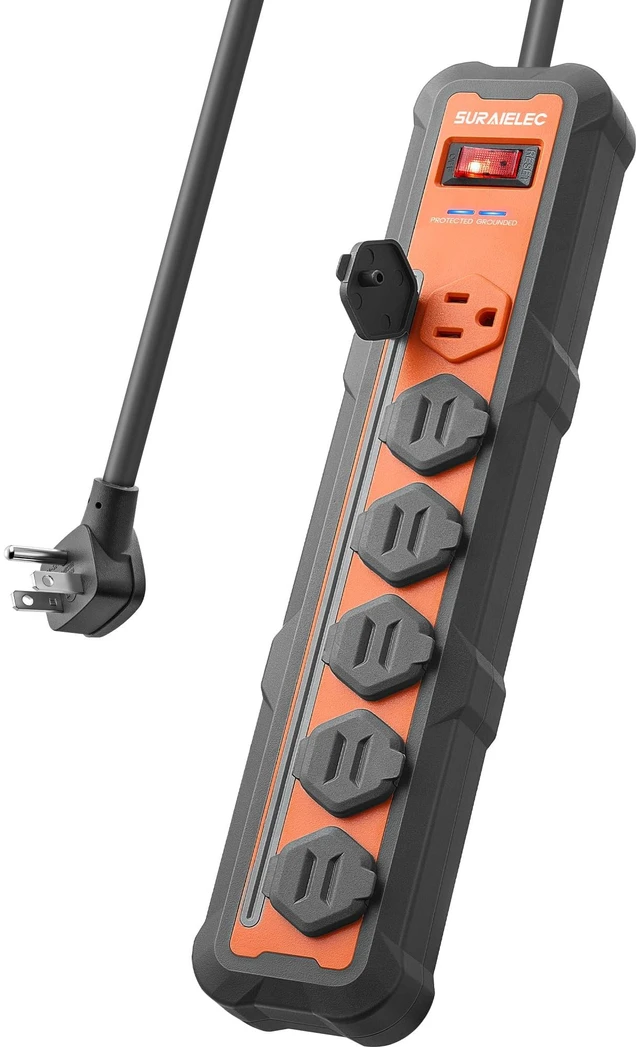 Main image of Surge Protector Power Strip, 6 Outlet, Individual Covers, 10 Ft Overmolded Rubber Housing, 10 Ft 14AWG Extension Cord with 1800J Surge Protection, Flat Plug Cord for Workshop, ETL Listed