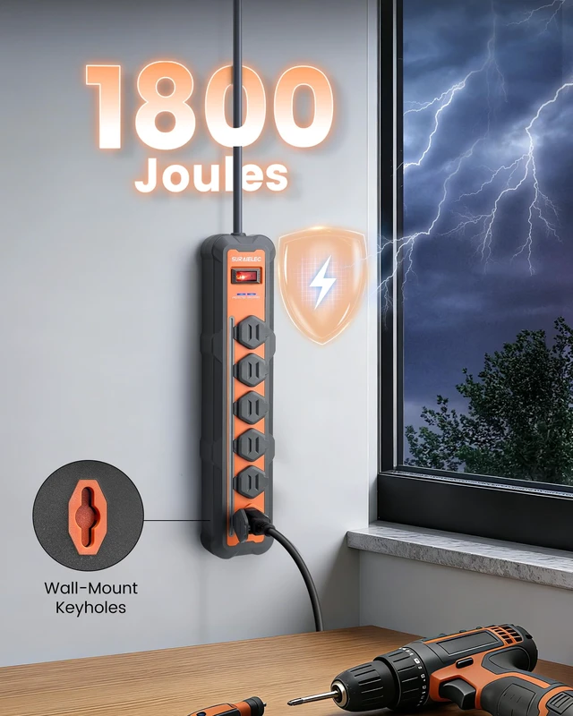 Alt view image 4 of 7 - Surge Protector Power Strip, 6 Outlet, Individual Covers, 10 Ft Overmolded Rubber Housing, 10 Ft 14AWG Extension Cord with 1800J Surge Protection, Flat Plug Cord for Workshop, ETL Listed