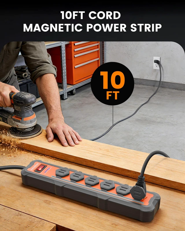 Alt view image 6 of 7 - Surge Protector Power Strip, 6 Outlet, Individual Covers, 10 Ft Overmolded Rubber Housing, 10 Ft 14AWG Extension Cord with 1800J Surge Protection, Flat Plug Cord for Workshop, ETL Listed