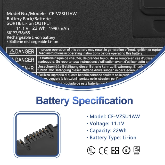 Alt view image 2 of 7 - CF-VZSU1AW Battery Replacement for Panasonic Toughbook CF-33 Series Compatible with CF-33MK1 CF-33AEHFATG CF-33AEQGATG CF-33AEHFZTN/GATG CF-33LEHFAT3/GAT3 CF-VZSU1AJS CF-VZSU1AR 1950mAh 21.65Wh