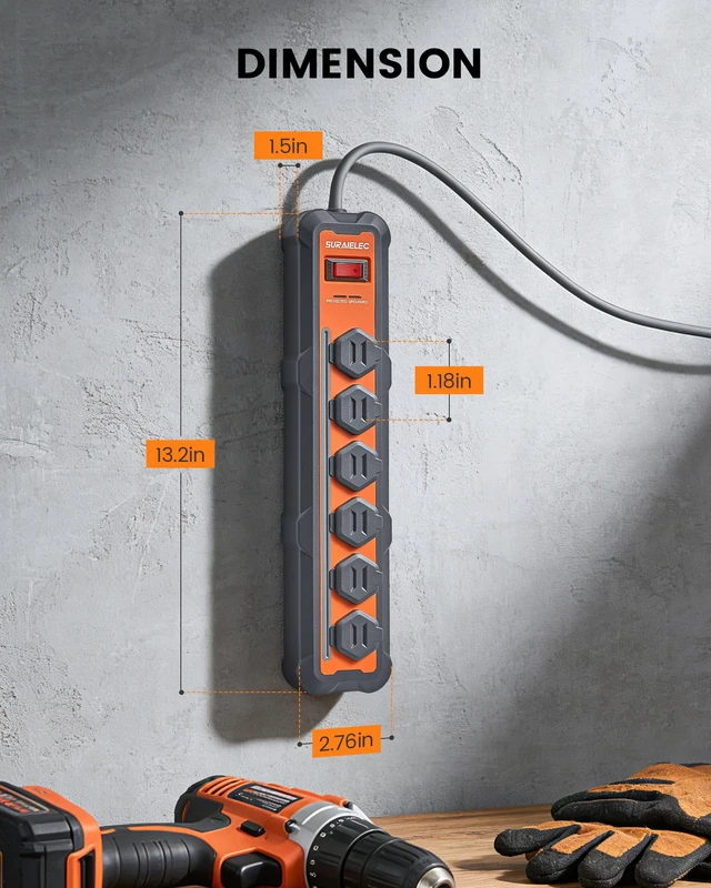 Alt view image 7 of 7 - Surge Protector Power Strip, 6 Outlet, Individual Covers, 10 Ft Overmolded Rubber Housing, 10 Ft 14AWG Extension Cord with 1800J Surge Protection, Flat Plug Cord for Workshop, ETL Listed