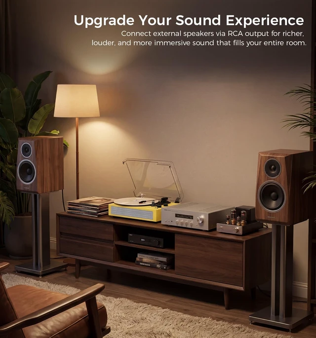 Alt view image 7 of 7 - Yellow Bluetooth Record Player, 3-Speed Belt Drive Turntable Bright vintage design with Bluetooth, 3-speed playback, stereo speakers, auto stop, AUX input and RCA output