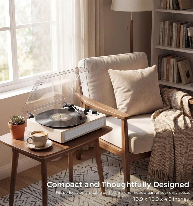 Alt view image 5 of 7 - White Bluetooth Record Player, Vintage 3-Speed Turntable Elegant vintage design with 3-speed playback, Bluetooth, stereo speakers, auto stop, AUX input and RCA output