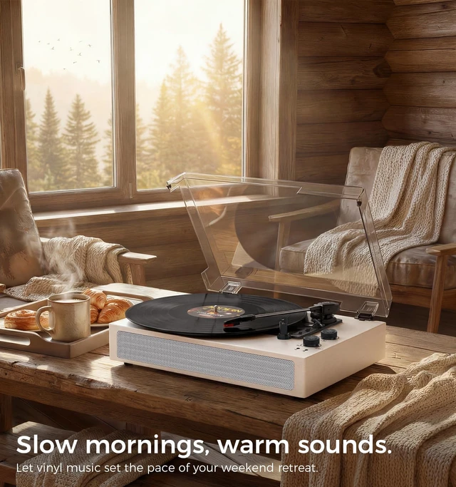 Alt view image 4 of 7 - White Bluetooth Record Player, Vintage 3-Speed Turntable Elegant vintage design with 3-speed playback, Bluetooth, stereo speakers, auto stop, AUX input and RCA output