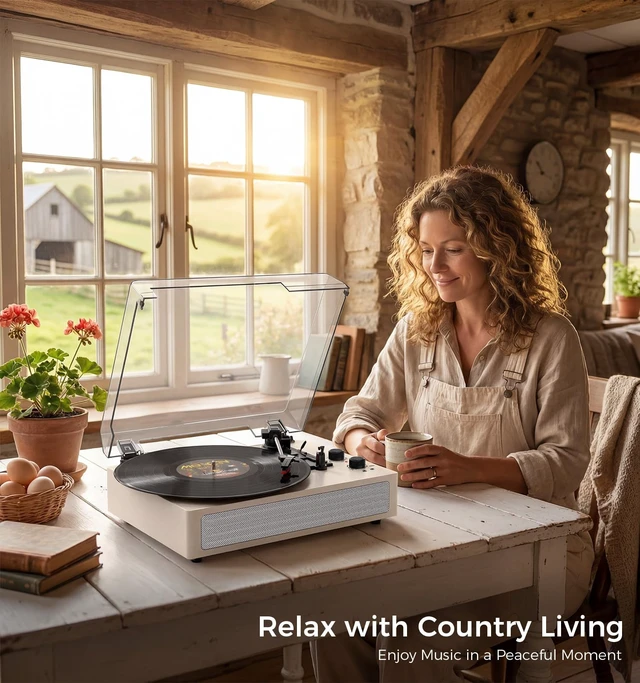 Alt view image 2 of 7 - White Bluetooth Record Player, Vintage 3-Speed Turntable Elegant vintage design with 3-speed playback, Bluetooth, stereo speakers, auto stop, AUX input and RCA output