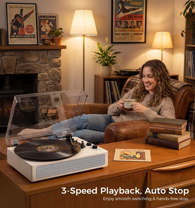 Alt view image 7 of 7 - White Bluetooth Record Player, Vintage 3-Speed Turntable Elegant vintage design with 3-speed playback, Bluetooth, stereo speakers, auto stop, AUX input and RCA output
