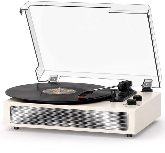 Main image of White Bluetooth Record Player, Vintage 3-Speed Turntable Elegant vintage design with 3-speed playback, Bluetooth, stereo speakers, auto stop, AUX input and RCA output