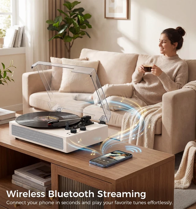 Alt view image 6 of 7 - White Bluetooth Record Player, Vintage 3-Speed Turntable Elegant vintage design with 3-speed playback, Bluetooth, stereo speakers, auto stop, AUX input and RCA output