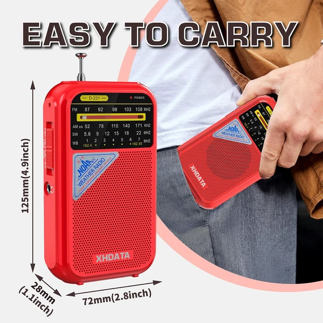 Alt view image 3 of 7 - D221 NOAA Weather Radio Portable AM FM Shortwave Radio Receiver,Red 2AA Battery Operated, Transistor Radio with Excellent Reception for Emergency, Hurricane, Gift, Walking and Home