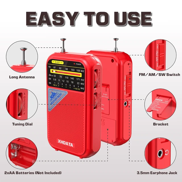 Alt view image 5 of 7 - D221 NOAA Weather Radio Portable AM FM Shortwave Radio Receiver,Red 2AA Battery Operated, Transistor Radio with Excellent Reception for Emergency, Hurricane, Gift, Walking and Home