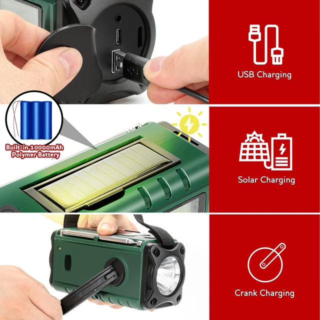 Alt view image 4 of 6 - Emergency NOAA Weather Alert Radio with Solar & Hand Crank USB-C Charging Portable AM/FM Radio 3W Flashlight, Reading Lamp, Cell Phone Charger, SOS for Hurricane, Storm, Camping Emergencies