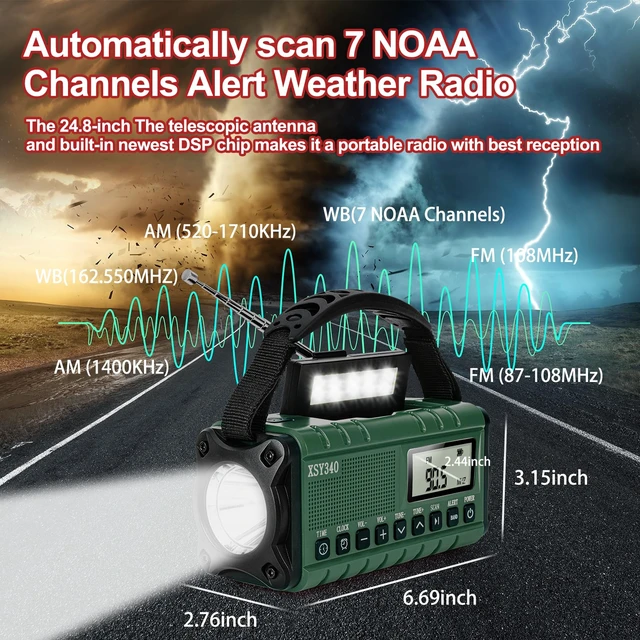Alt view image 2 of 6 - Emergency NOAA Weather Alert Radio with Solar & Hand Crank USB-C Charging Portable AM/FM Radio 3W Flashlight, Reading Lamp, Cell Phone Charger, SOS for Hurricane, Storm, Camping Emergencies