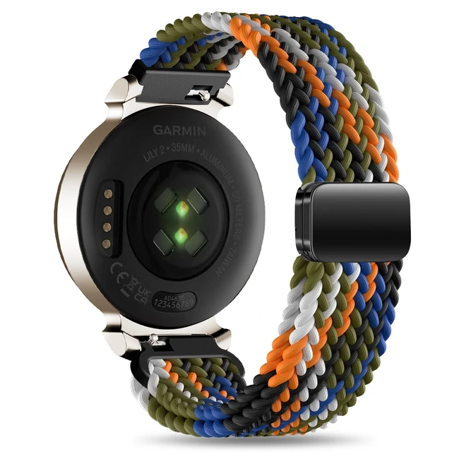 Alt view image 2 of 7 - Braid Nylon Bands Compatible with Garmin Lily 2, Magnetic 14mm Stretchy Nylon Soft Loop Straps Quick Release Replacement Adjustable Wristband for Lily 2 Classic/Active Smart Watch Accessory for Women
