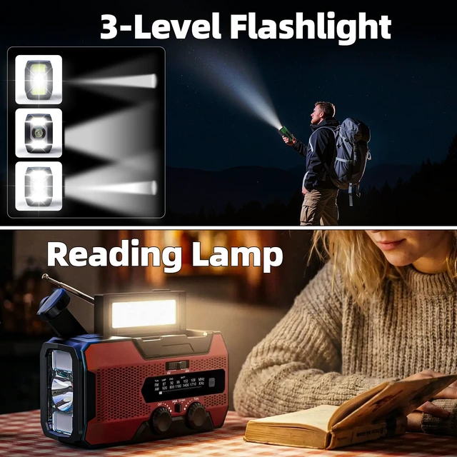 Alt view image 4 of 7 - Hand Crank Emergency Radio,10000mAh Red NOAA Weather Radio,AM/FM Solar Radio with LED Flashlight, Reading Lamp & SOS Alarm, Survival Radio for Camping Hurricane Emergency
