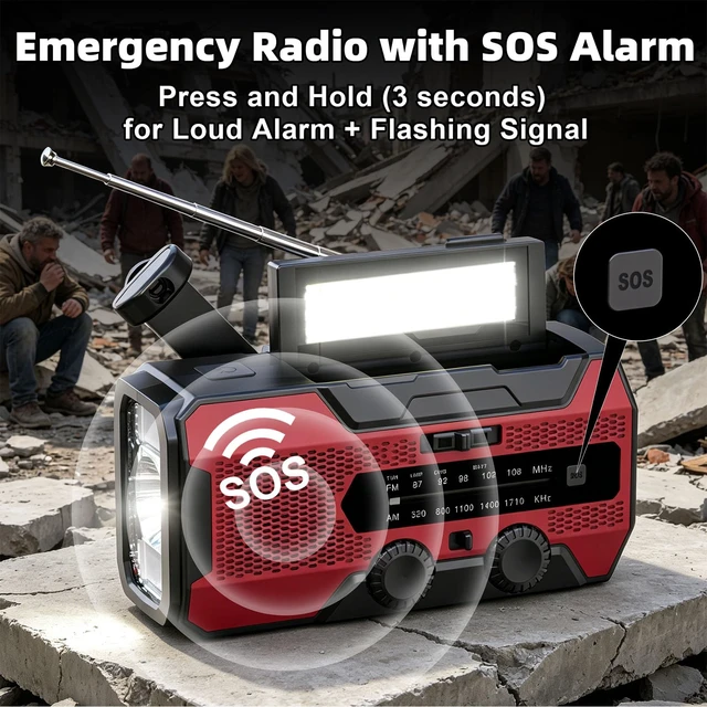 Alt view image 6 of 7 - Hand Crank Emergency Radio,10000mAh Red NOAA Weather Radio,AM/FM Solar Radio with LED Flashlight, Reading Lamp & SOS Alarm, Survival Radio for Camping Hurricane Emergency