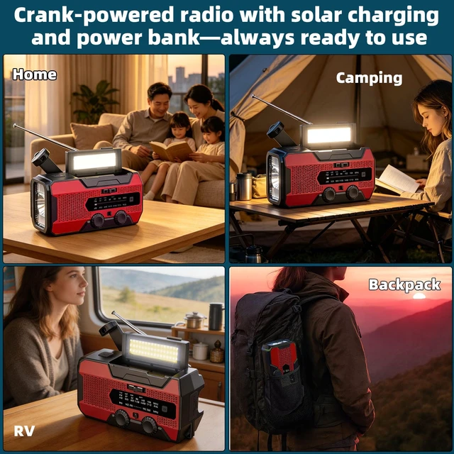 Alt view image 3 of 7 - Hand Crank Emergency Radio,10000mAh Red NOAA Weather Radio,AM/FM Solar Radio with LED Flashlight, Reading Lamp & SOS Alarm, Survival Radio for Camping Hurricane Emergency