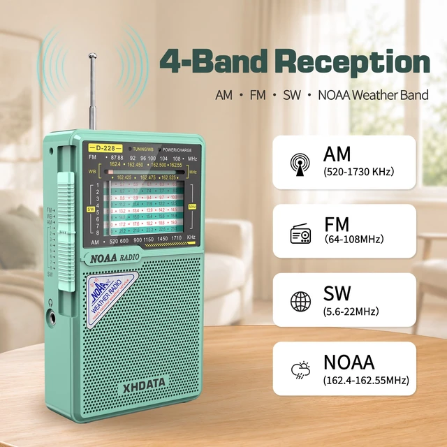 Alt view image 3 of 7 - D228 Portable NOAA Weather Radio, AM FM SW, USB-C/AA Power, Green Easy-Read Large Tuning Dial, Built-In Flashlight Rear Stand & 3.5mm Headphone Jack for Home, Travel or Emergency
