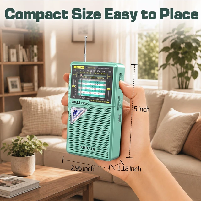 Alt view image 4 of 7 - D228 Portable NOAA Weather Radio, AM FM SW, USB-C/AA Power, Green Easy-Read Large Tuning Dial, Built-In Flashlight Rear Stand & 3.5mm Headphone Jack for Home, Travel or Emergency