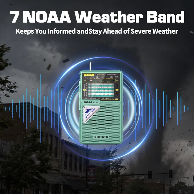 Alt view image 2 of 7 - D228 Portable NOAA Weather Radio, AM FM SW, USB-C/AA Power, Green Easy-Read Large Tuning Dial, Built-In Flashlight Rear Stand & 3.5mm Headphone Jack for Home, Travel or Emergency