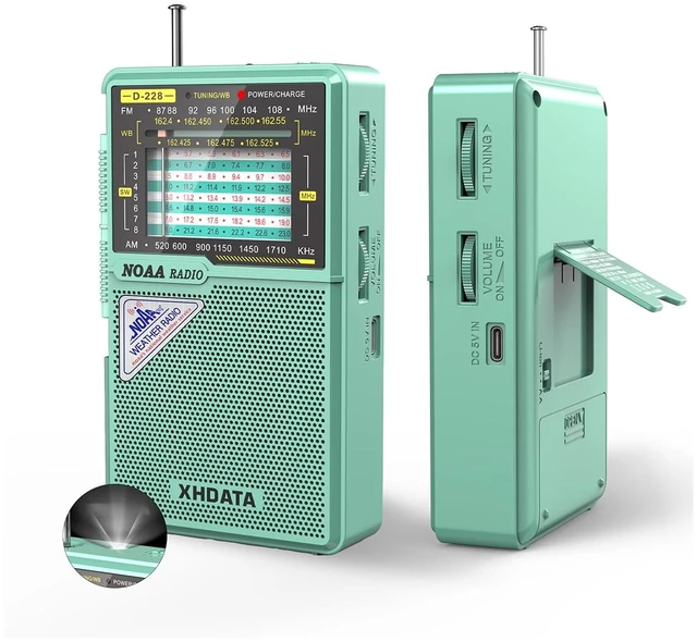 Main image of D228 Portable NOAA Weather Radio, AM FM SW, USB-C/AA Power, Green Easy-Read Large Tuning Dial, Built-In Flashlight Rear Stand & 3.5mm Headphone Jack for Home, Travel or Emergency