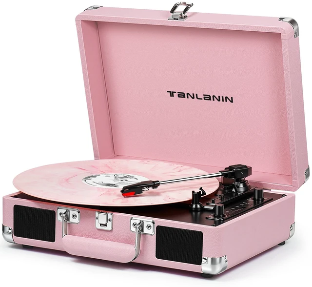 Main image of Pink Record Player with Speakers, Bluetooth, 3-Speed Turntable USB recording, AUX input, RCA output, headphone jack, auto stop, pink suitcase design for bedrooms, dorms and gifts