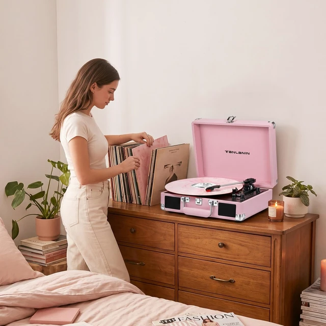 Alt view image 2 of 7 - Pink Record Player with Speakers, Bluetooth, 3-Speed Turntable USB recording, AUX input, RCA output, headphone jack, auto stop, pink suitcase design for bedrooms, dorms and gifts