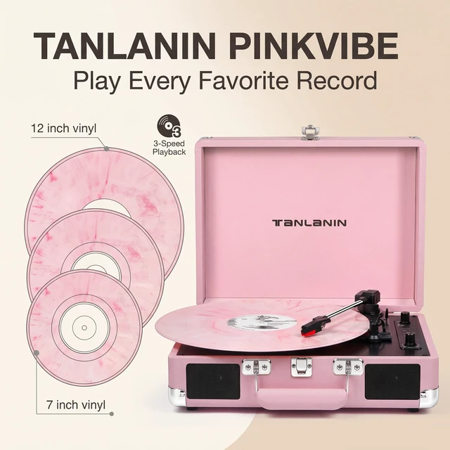 Alt view image 3 of 7 - Pink Record Player with Speakers, Bluetooth, 3-Speed Turntable USB recording, AUX input, RCA output, headphone jack, auto stop, pink suitcase design for bedrooms, dorms and gifts